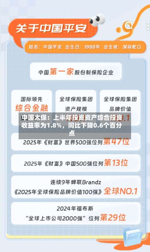 中国太保：上半年投资资产综合投资收益率为1.8%，同比下降0.6个百分点