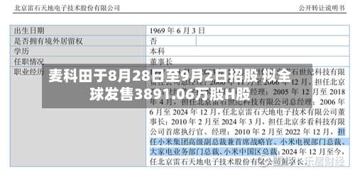 麦科田于8月28日至9月2日招股 拟全球发售3891.06万股H股